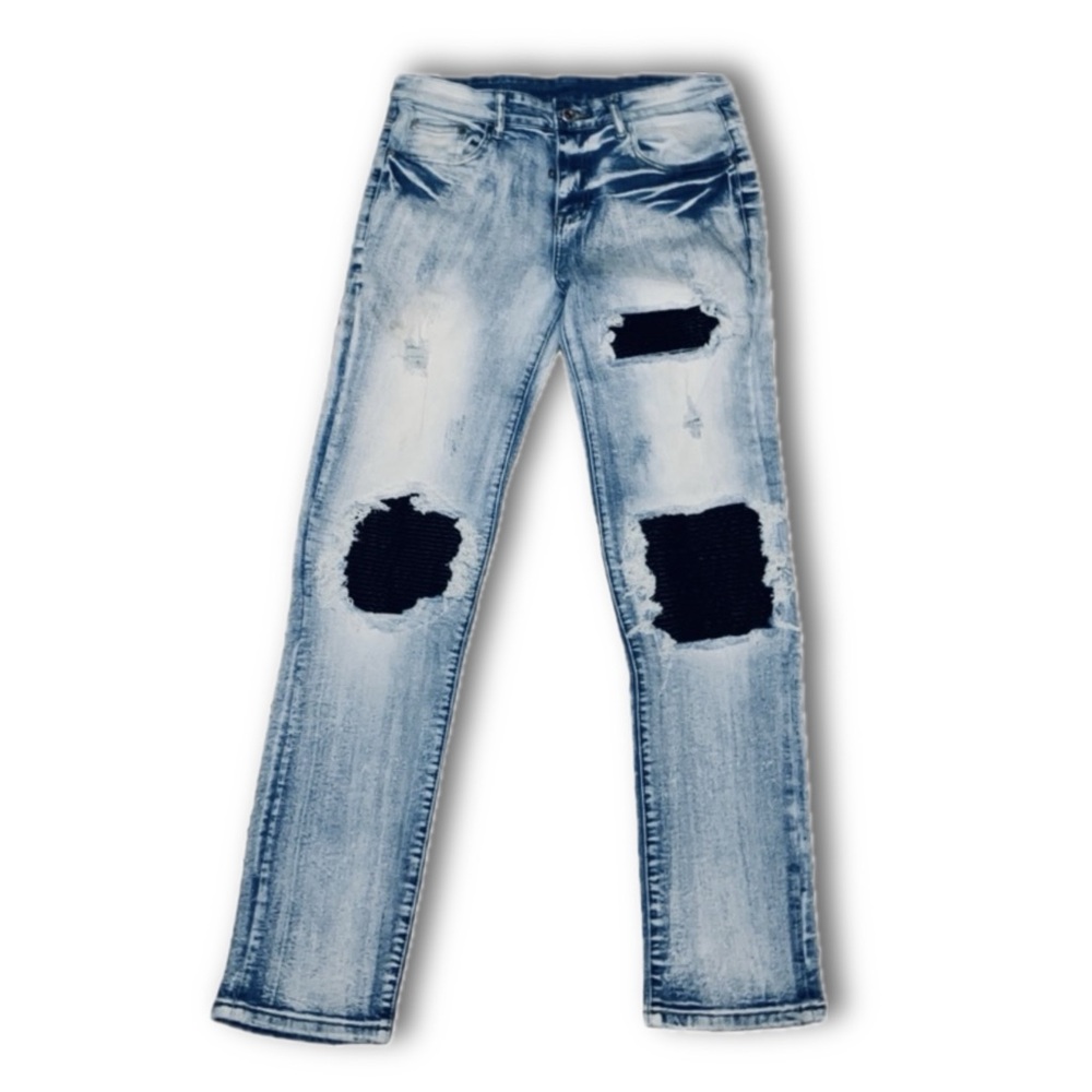 Men’s light Blue distressed jeans with black detail under rips. Size 30.